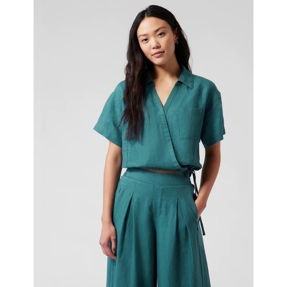 NWT!! ATHLETA Playa Linen Tie Waist Top Borealis Green Teal Cropped Solid XL